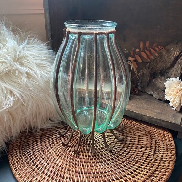 Vintage Hand Blown Green Glass Metal Wrought Iron Caged Brutalist Vase - Picture 1 of 8